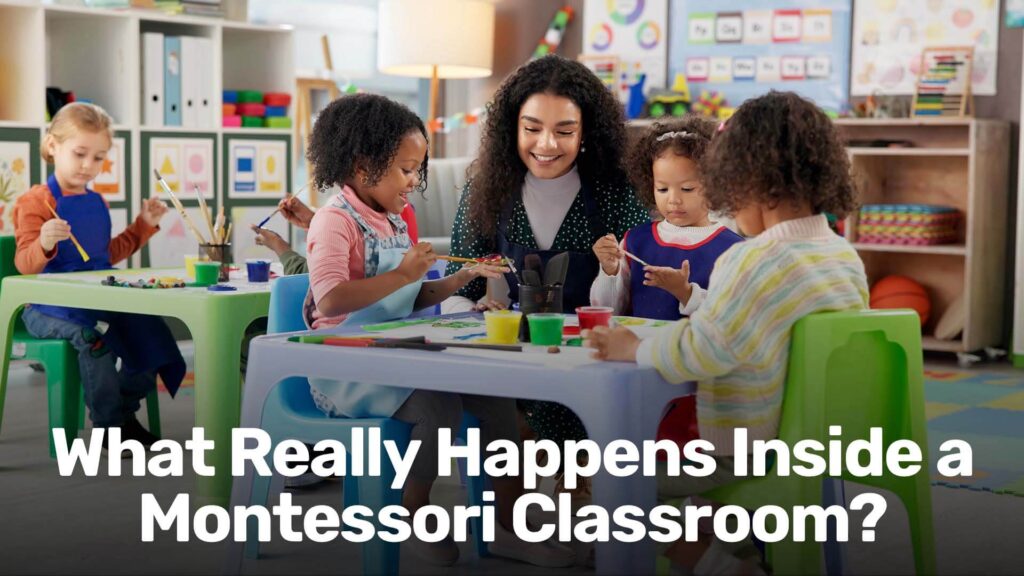Inside a Montessori classroom with children working independently in a prepared environment