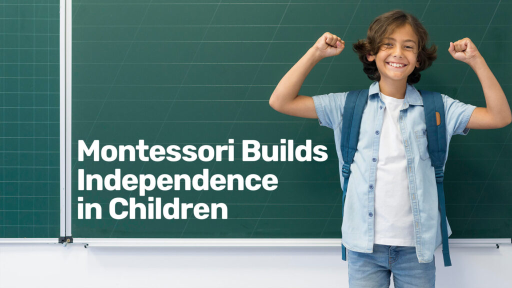Child demonstrating independence through Montessori practical life activity in the classroom